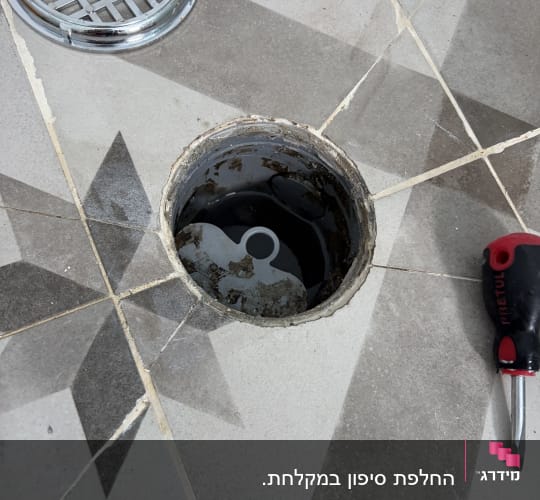 פתח ניקוז ברצפה עם מברג וכיסוי מתכת